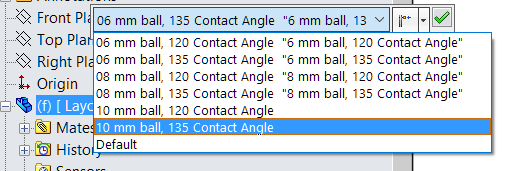 Predefine ball diameter and contact angle combinations
